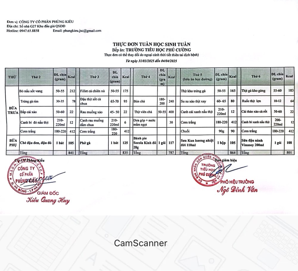 THỰC ĐƠN TUẦN 28 NĂM HỌC 2024 - 2025