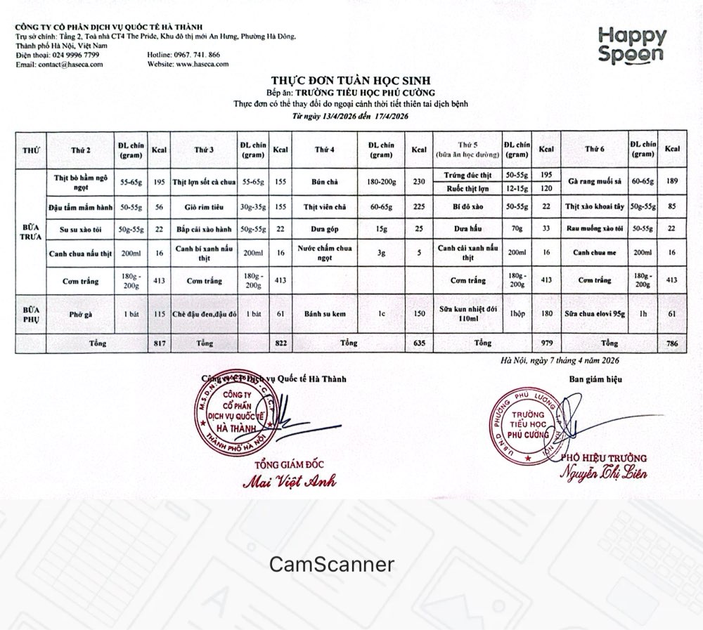 THỰC ĐƠN TUẦN 30 NĂM HỌC 2025 - 2026